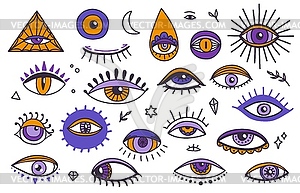 Magical witchcraft, occult and mystic eyes symbols - vector clip art