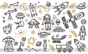 Doodle space planets, astronauts, spaceship, comet - vector clipart / vector image