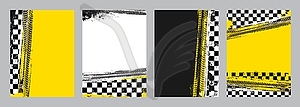 Rally background with checkered flag, tire tracks - color vector clipart