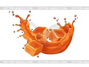 Caramel sauce flow swirl splash with toffee candy - vector clip art