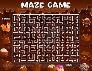 Labyrinth maze help to squirrel find choco candy - vector clipart