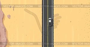 Truck car on hot desert asphalt road top view - vector clip art