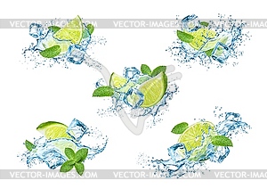 Mojito drink wave splash with lime, ice, water - vector image