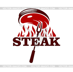 Steak grill icon, barbecue meat on fork and fire - vector image