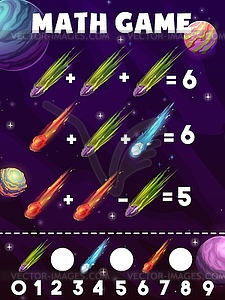 Math game worksheet, cartoon space comet, asteroid - vector clipart
