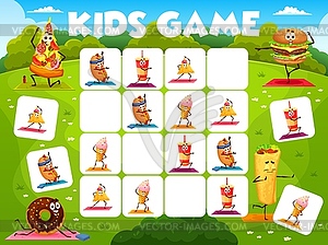 Sudoku kid game, cartoon fast food yoga characters - vector image