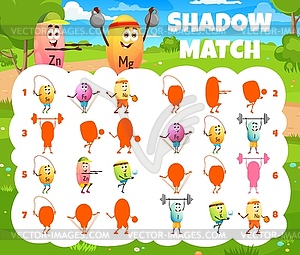 Shadow match game with cartoon vitamin characters - vector clipart