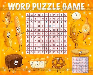 Word search puzzle with cartoon bread characters - vector image