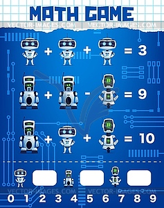 Math game worksheet with cartoon robot characters - vector image