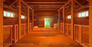 Cartoon farm stable or barn interior with haylofts - vector clip art