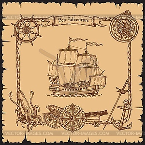 Vintage pirate vessel ship with rope frame, sketch - vector clipart