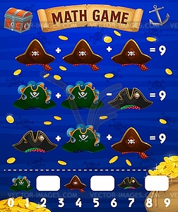 Math game worksheet with pirate tricorn hats - vector clipart / vector image