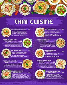 Thai cuisine menu, Thailand dishes, noodles, soups - vector image