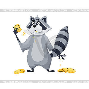 Cartoon raccoon funny character eating cookies - vector image
