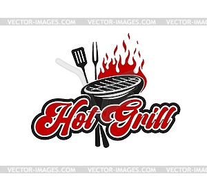 BBQ grill icon, hot fire, fork, spatula on grate - vector clip art