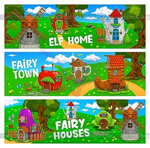 Fairytale cartoon house buildings on green lawn - vector image
