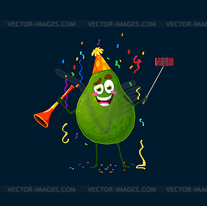 Avocado cartoon character cheer at holiday party - vector clipart