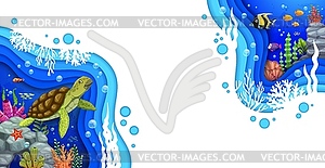 Cartoon underwater paper cut landscape with turtle - vector clip art