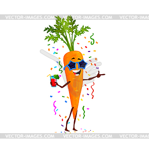 Cartoon carrot vegetable character on birthday - vector clipart