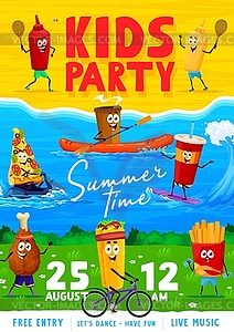 Флаер для вечеринки с персонажами фастфуда на каникулах - векторное изображение EPS