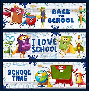 Back to school banner cartoon stationery superhero - vector EPS clipart