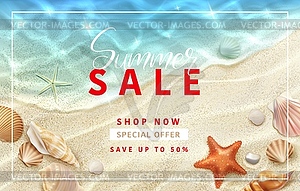 Summer sale banner, realistic seashell, starfish - vector clipart