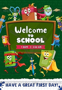 Back to school flyer, cartoon superhero stationery - vector clipart