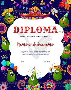 Kids diploma cartoon avocado characters on party - vector image