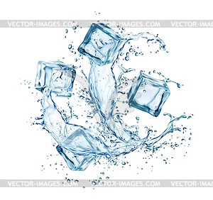 Замороженные кубики льда в брызгах воды, жидкая волна - изображение в векторном формате