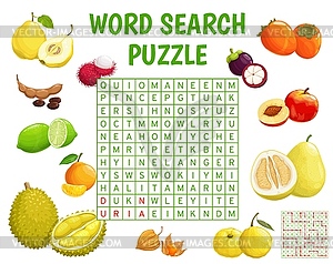 Cartoon tropical fruits word search puzzle game - vector image