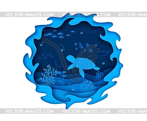 Sea paper cut underwater landscape with turtle - vector clipart