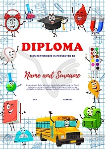 Kids education diploma, school supplies characters - vector image