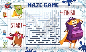 Kids labyrinth maze cartoon stationery superhero - vector image