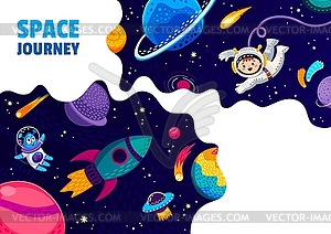 Мультяшный космический плакат, астронавт, ракета в космосе - стоковый векторный клипарт