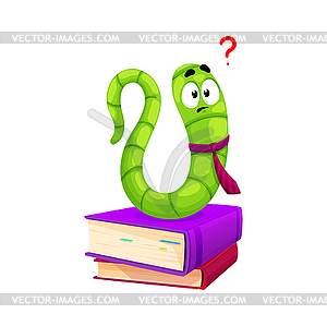 Cartoon bookworm character book worm with question - vector clipart