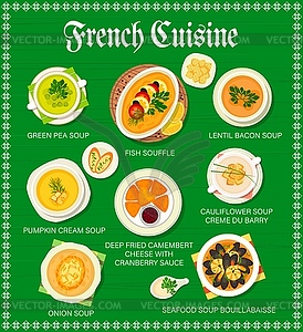 French cuisine restaurant menu, France food meals - vector image