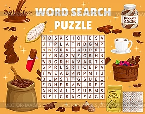 Cocoa and chocolate word search puzzle worksheet - vector clip art