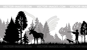 Охотничий силуэт. Охотник, дробовик, собака и лось - изображение в векторном формате