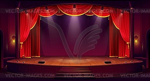 Cartoon theater stage with red curtain, spotlights - vector clip art