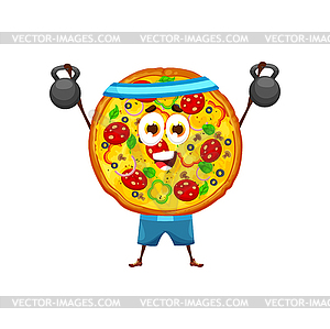 Cartoon pizza character with training weights - vector image