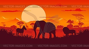 African sunset landscape with animals silhouettes - vector image
