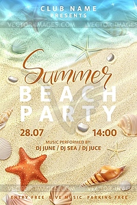 Summer beach party flyer with realistic seashells - vector EPS clipart