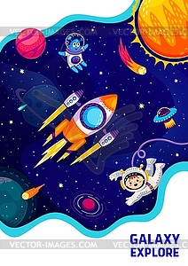 Space poster with cartoon kid astronaut and rocket - vector image