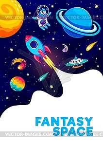 Cartoon space flyer with spaceship, alien UFO - vector image