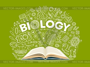 Biology textbook, outline school science symbols - vector clipart