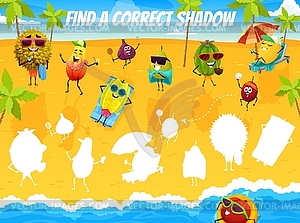 Find correct shadow of cartoon fruits on beach - royalty-free vector clipart