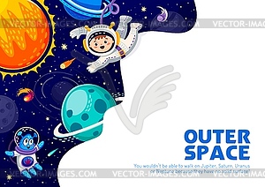 Space poster with cartoon alien and kid astronaut - vector clipart