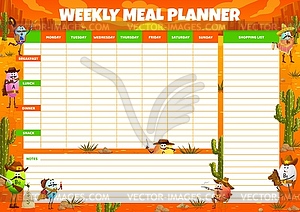 Weekly meal planner, cartoon vitamin cowboys - vector image