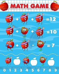 Веселые мультяшные персонажи red apple, математическая игра - векторный дизайн