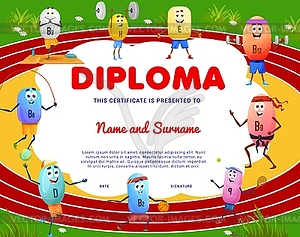 Kids diploma, cartoon vitamins on sport arena - vector clip art